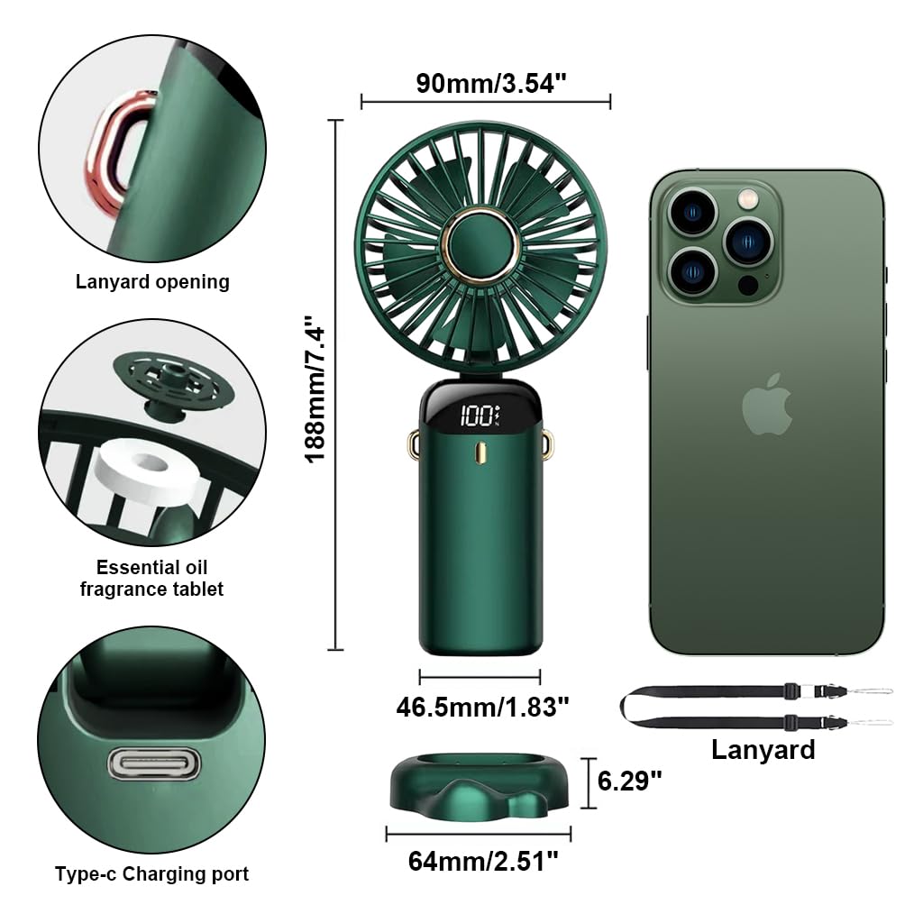 Mini Fan, Portable Fan with USB Charging, Hand & Desk Fan, 5 Speeds Fan with Lanyard, Fragrance Sheet and Base, Built-in 3000mAh Battery, Foldable 90°, LED Battery Level Display (Green)