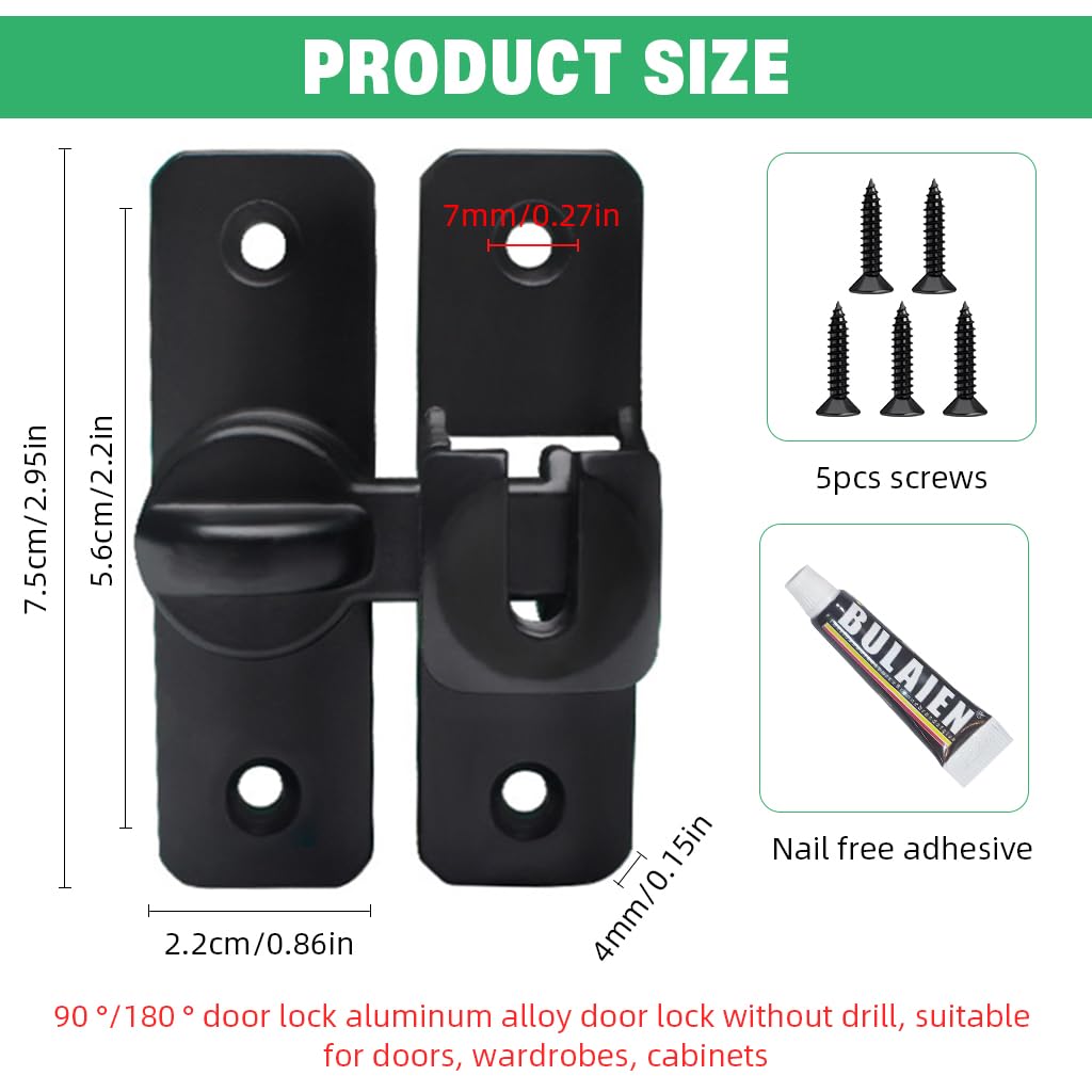 HASTHIP Door Latch Lock for Gates and Cabinets with 90° and 180° Design | 3 PCS Black Aluminum Alloy