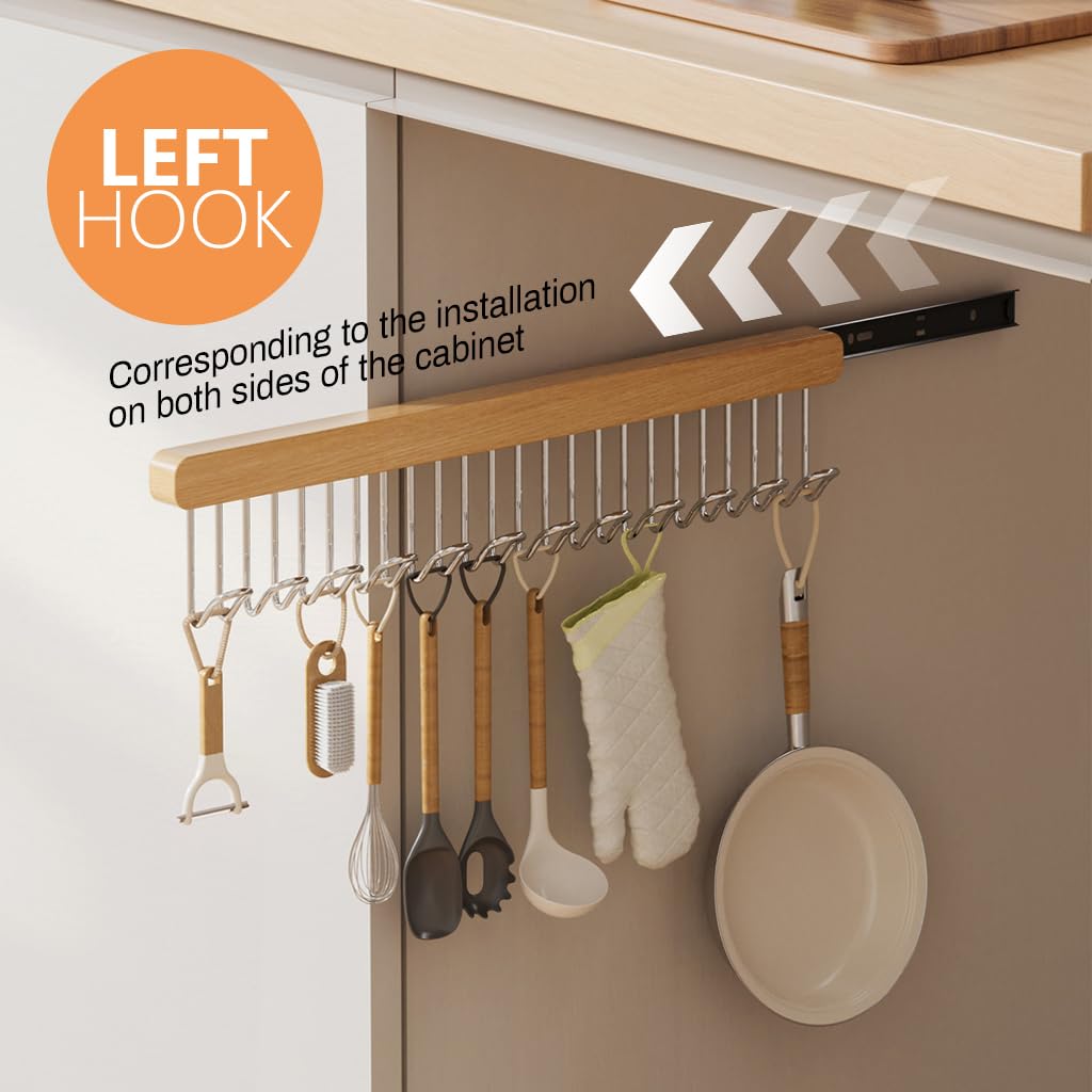 HASTHIP Belt Organiser for Wardrobe featuring 12 U Shaped Hooks 41x8cm Wooden Pull Out Design