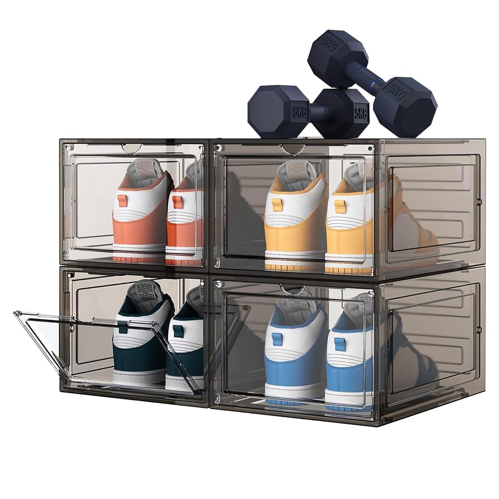 4 Packs Shoe Box Plastic Shoe Storage Separate Shoe Box with Magnet Door Stackable Shoe Organizer Universal Size Sneaker Shoe Box for Men Shoes Box for Women