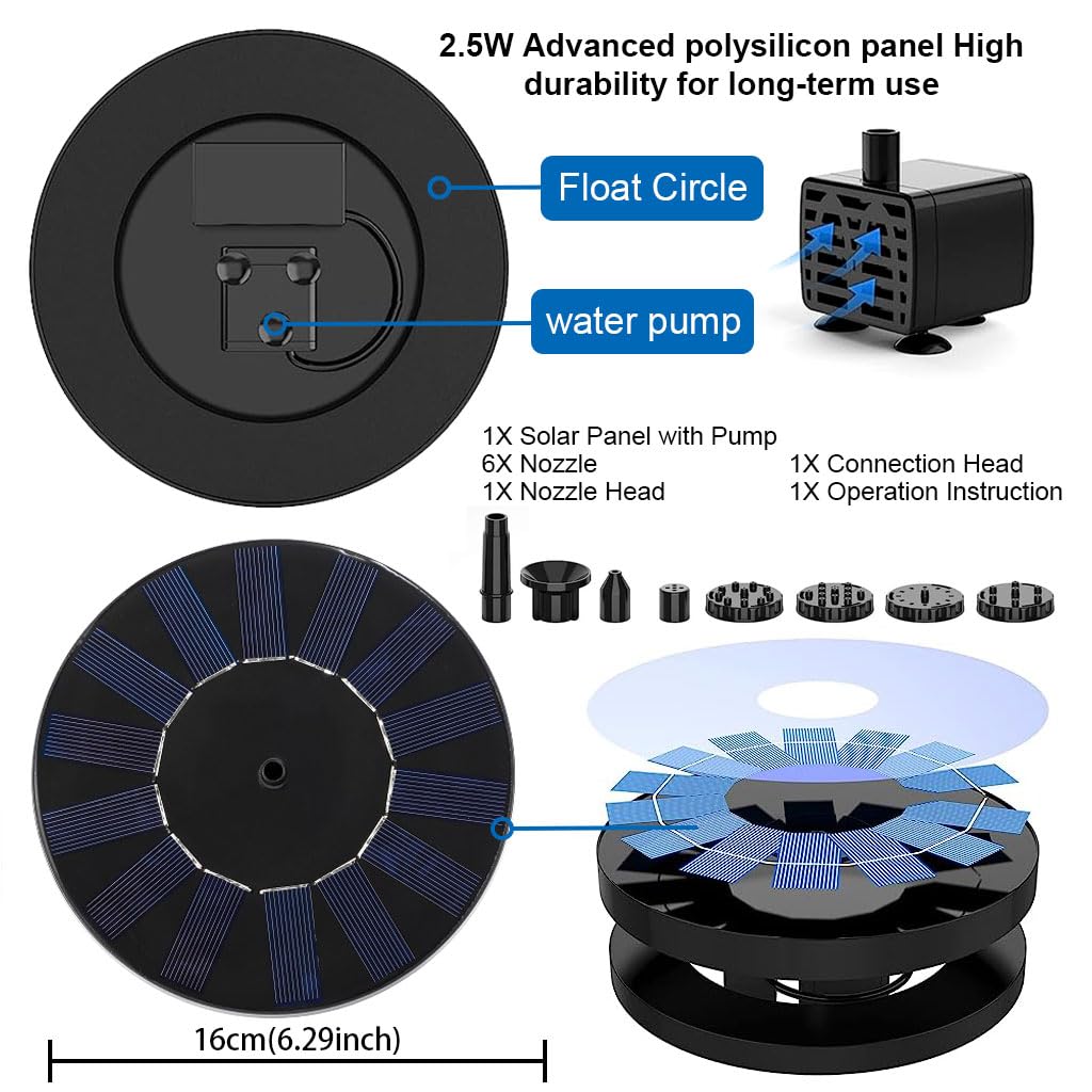 Solar Water Fountain for Garden, 1.5W Solar Water Pump with 6 Nozzles, Max 1.1m Water Column Solar Fountain for Home Garden Pond Bird Bath Pool