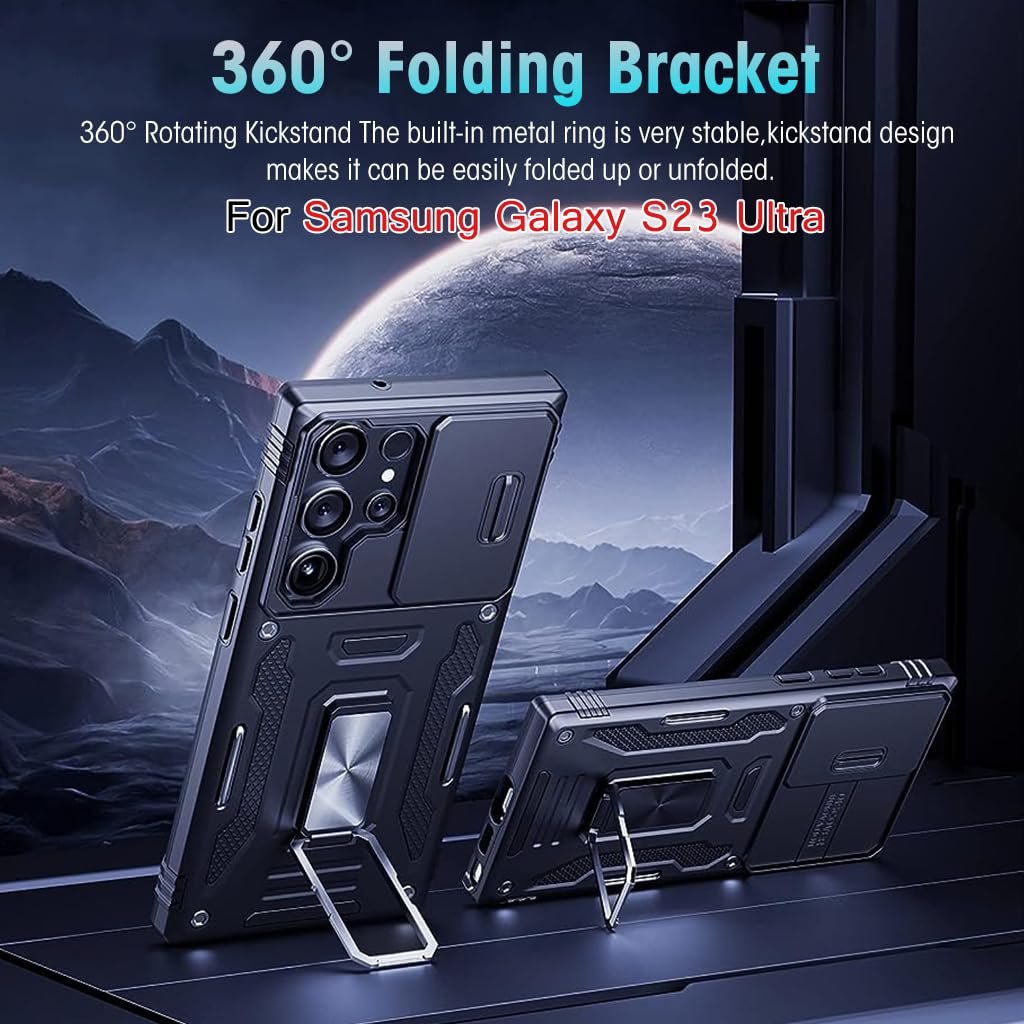 HASTHIP® Galaxy S23 Ultra Case - Black, Slim & Durable Design with Integrated Ring Holder, Sliding Camera Lens Cover, 360° Rotatable Kickstand, Shock Absorption, PC TPU Metal, Anti-Slip