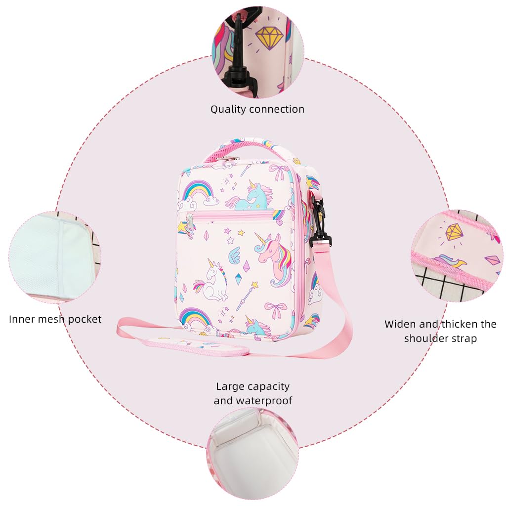Lunch Box for Kids Girls Insulated Lunch Bag, Pocket Pink Unicorn Print Thermal Lunch Tote Bag with Shoulder Strap for School Thermal Meal Small Lunch Tote Toddler Rainbow Lunchbox