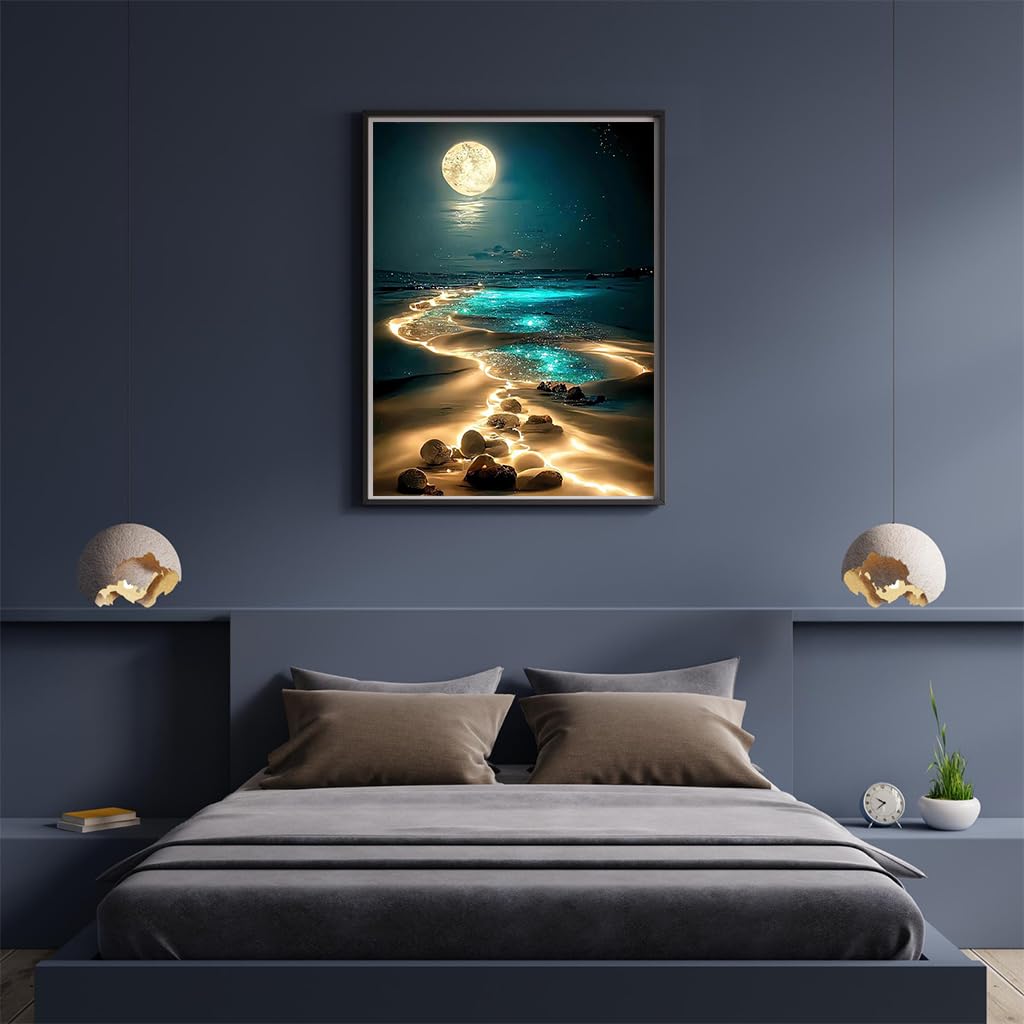 HASTHIP® DIY 5D Diamond Painting Art Kit Dreamy Beach Moonlit Night Diamond Painting Beginner DIY 5D Diamond Painting for Home Decor, No Frame Wall Decor 5D Diamond Painting, 12 x 16 Inch