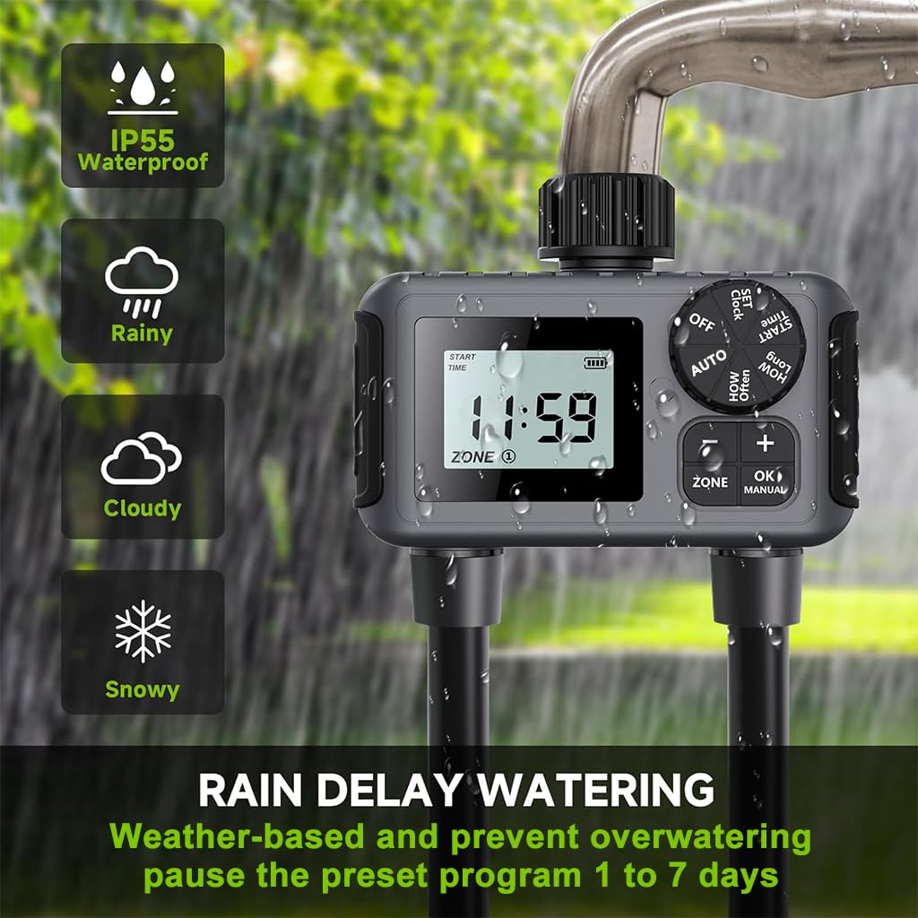 HASTHIP® Smart Garden Watering Timer Programmable Hose Faucet Timer with 2-Outlet LCD Digital Watering Timer IP55 Waterproof Outdoor Watering Timer Universal Watering Timer