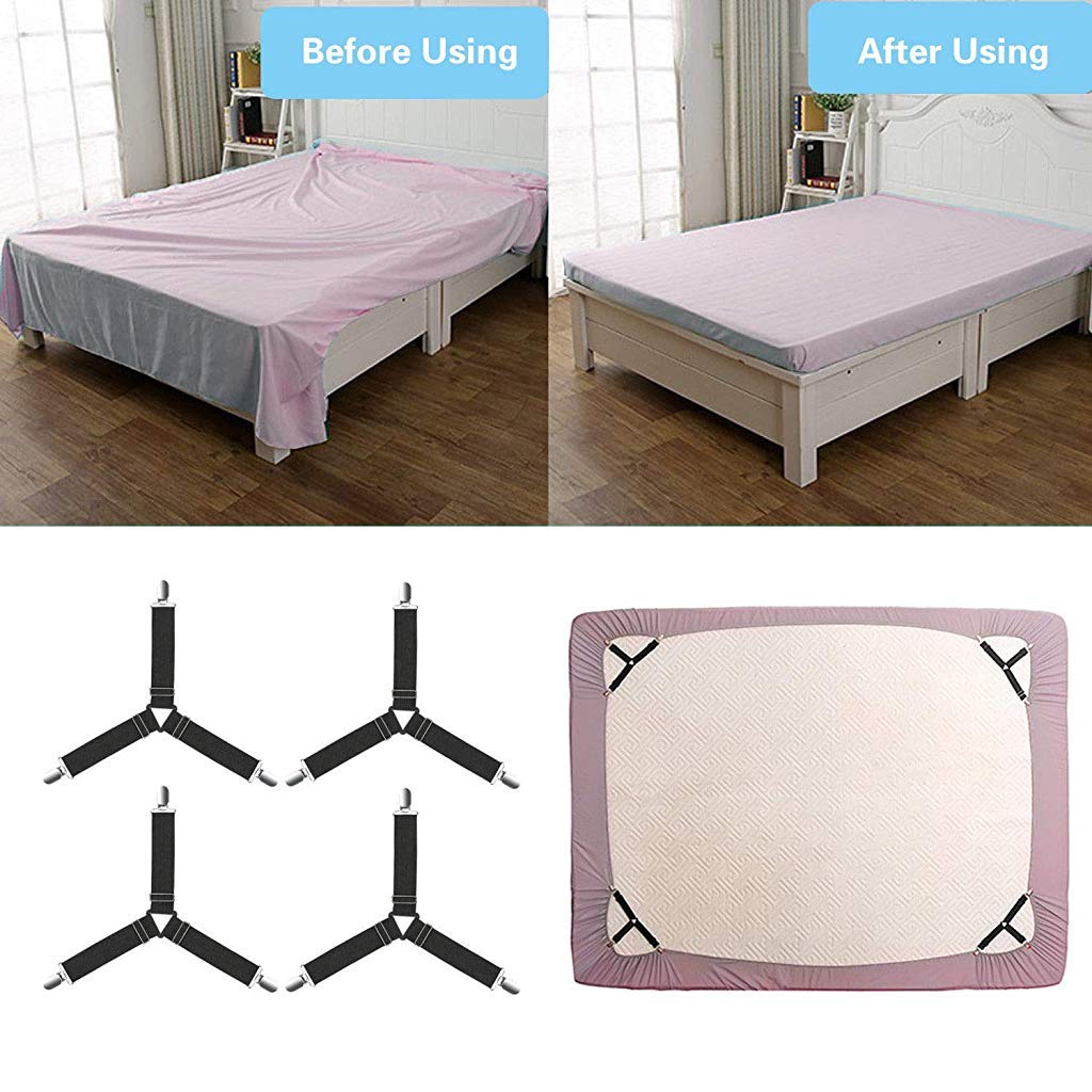 HASTHIP Bed Sheet Holder Straps 8 Pcs for Corner Grip with Triangle Design & Metal Clips | Black