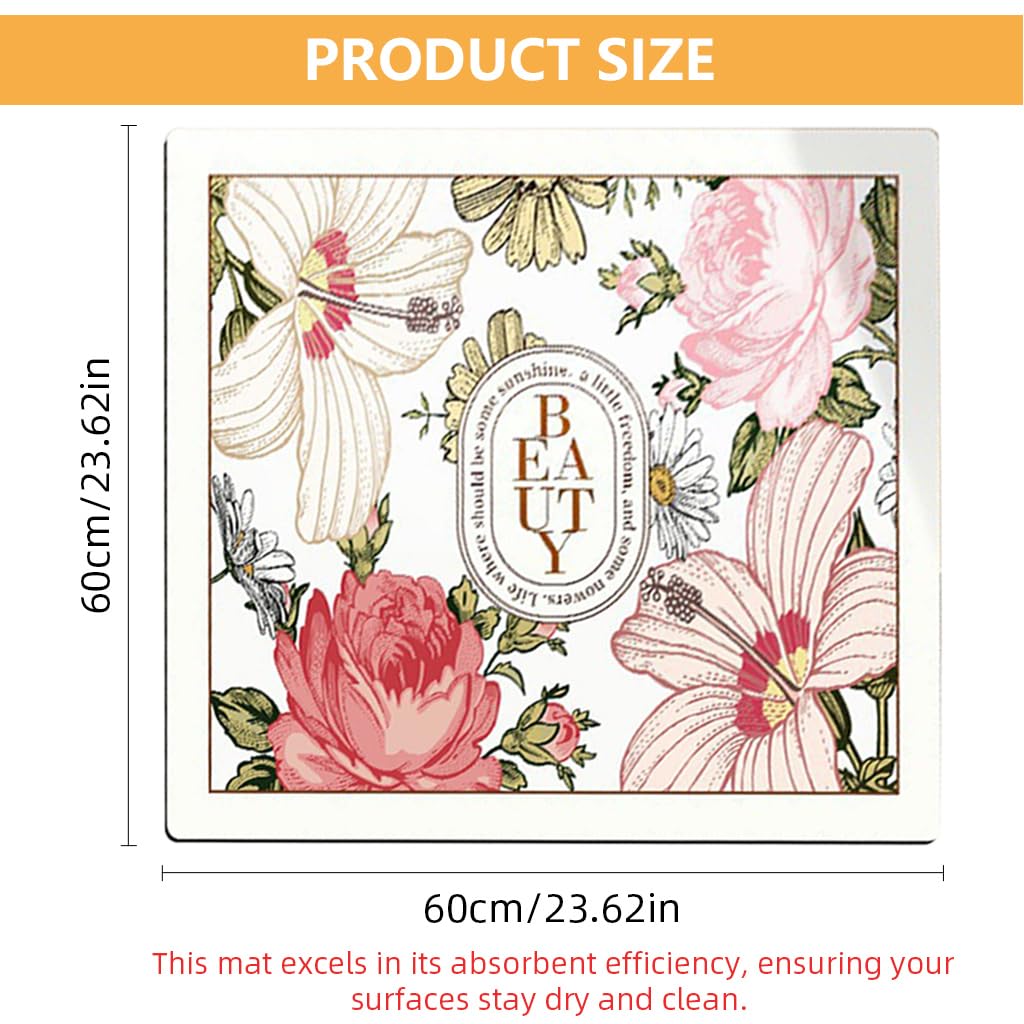 HASTHIP Washing Machine Mat 23.62x23.62 in for Over Washer Use with Anti Slip Diatomite Pad | Quick Dry Floral Print Countertop and Dish Dry Mat
