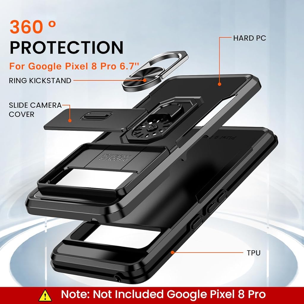 HASTHIP® Kickstand Phone Grip & Sliding Camera Cover, Military-Grade Anti-Scratch 360° Rotatable Stand for Google Pixel 8 Pro, Black PC+TPU, Shockproof, Lightweight, Wear-Resistant Phone Case