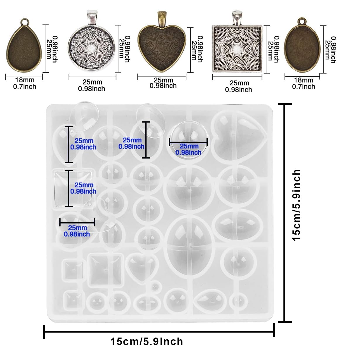 Resin Molds Set Pendant Trays DIY Jewelry Making Resin Molds Set, 30Pcs 5 Styles Metal Pendant and 1 Pc Silicone Epoxy Jewelry Casting Molds for Pendant Crafting DIY Jewelry Gift Making