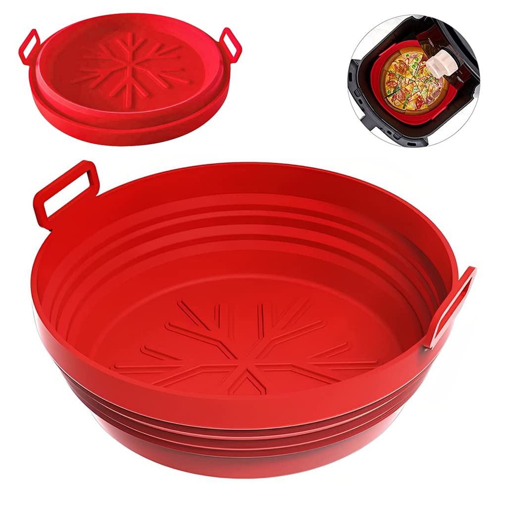 Air Fryer Silicone Baking Tray, 1 Pcs 8.2 Inch Foldable Air Fryer Liner for 4-7QT, Reusable Air Fryer Silicone Pot with Anti-scalding Handles, Food Safe Air Fryers Oven Accessories (Red)