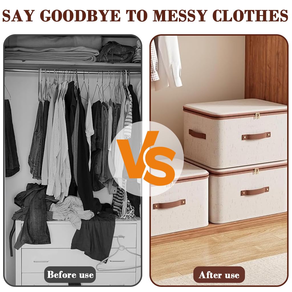 HASTHIP Storage Bins for Clothes with Dual Zipper and Reinforced Handles | 56L Foldable Cotton Linen Boxes