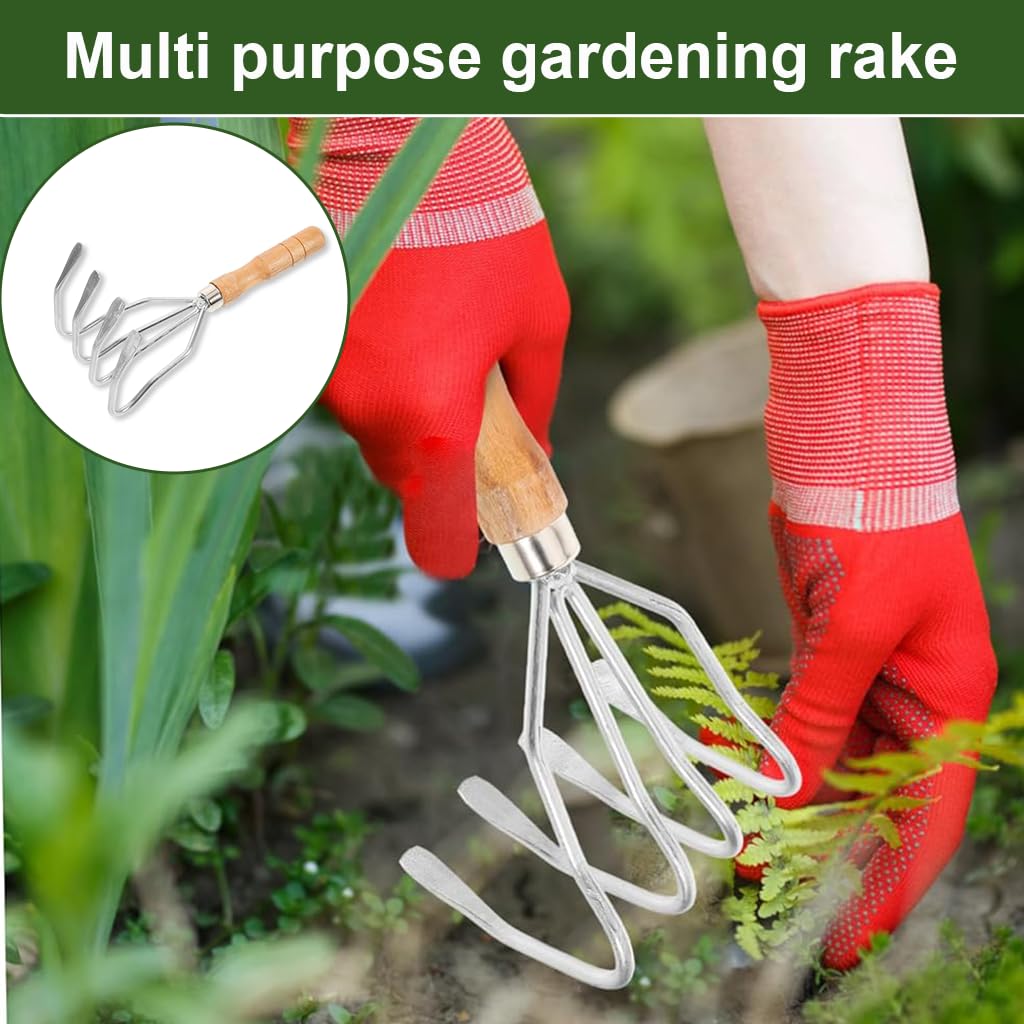 HASTHIP Gardening Rake for Lawn and Soil Maintenance with Ergonomic Wooden Handle 10.6 in Stainless Steel Head