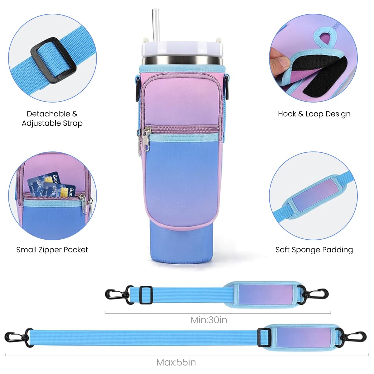 HASTHIP Water Bottle Carrier Bag for Stanley 40oz Tumbler with Phone Pocket and Strap | Neoprene Gradient Purple 2 PCS