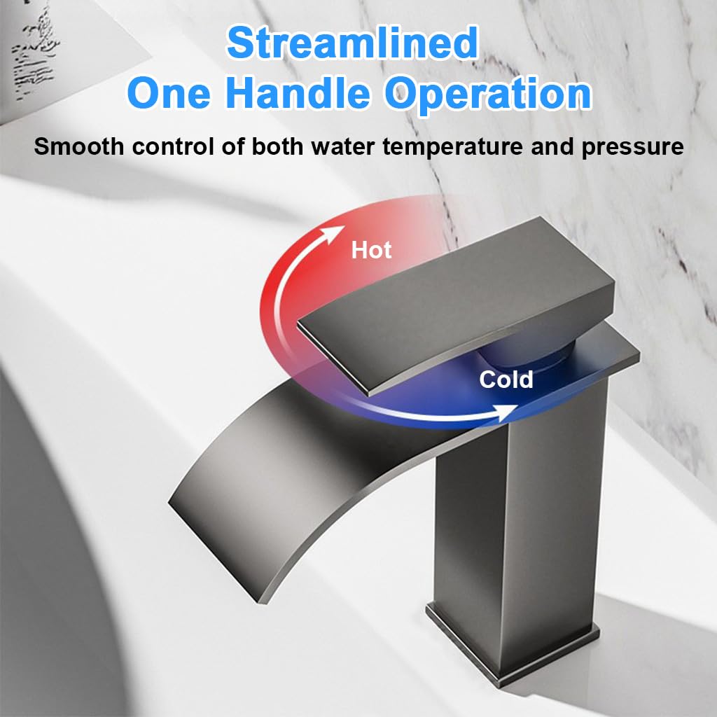 HASTHIP® Matte Black Waterfall Bathroom Faucet, Stainless Steel Single Handle Mixer Sink Faucet, Deck-Mounted Single Hole Vanity Faucet with Curved Spout, Modern Lavatory Basin Tap