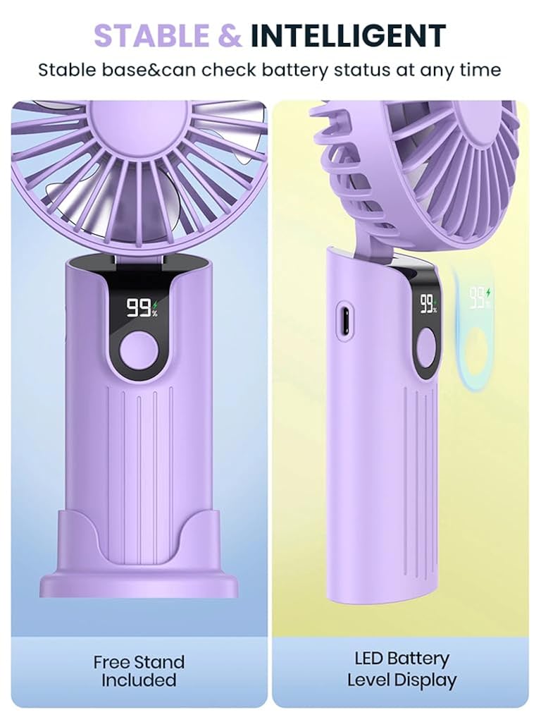 HASTHIP® USB Handheld Fan Mini Desk Fan Neck Fan with Detachable Neck Strap 3 in 1 Variable USB Cordless 5000mAh Portable Pocket Cooling Fan for Travel, Hiking, Office, Purple