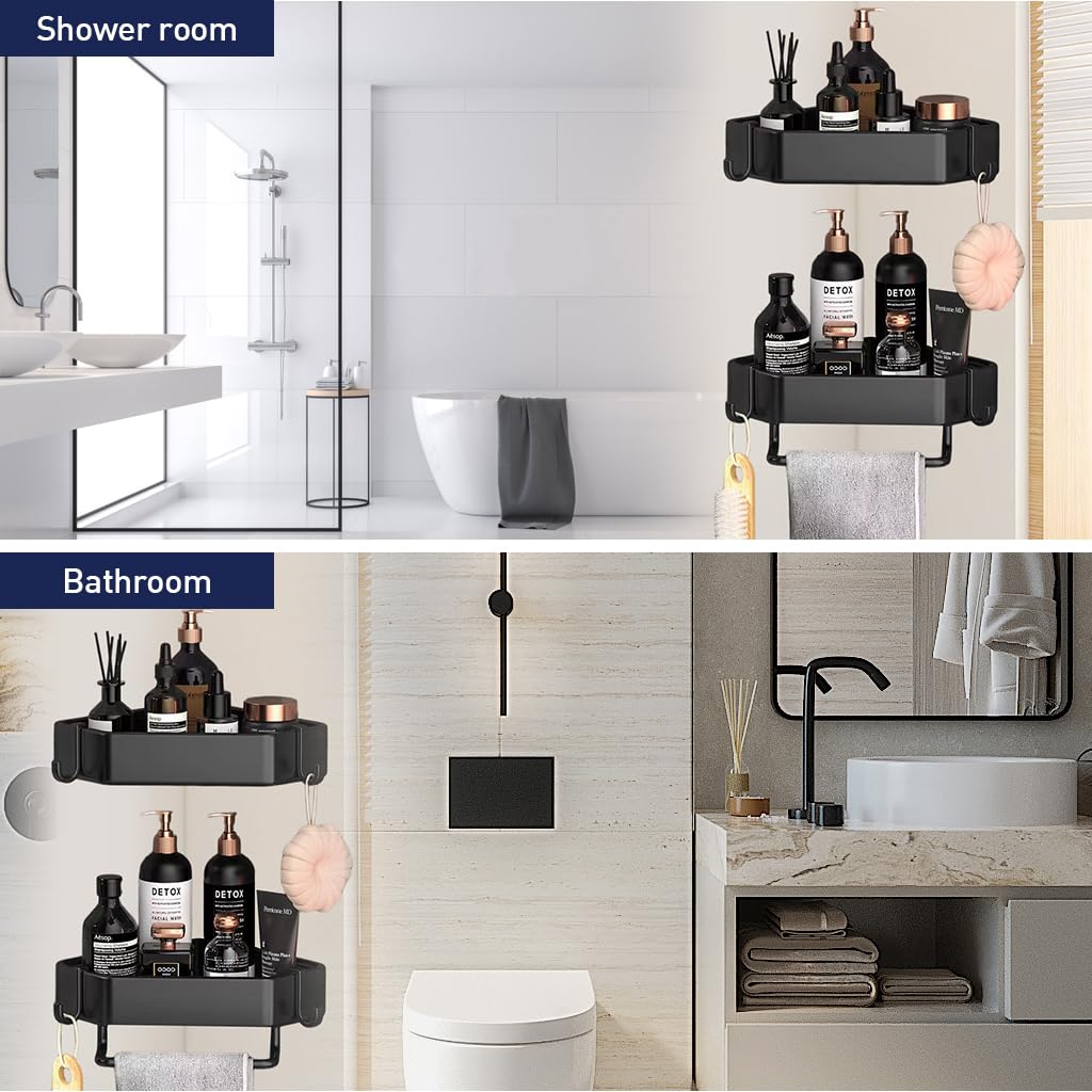 HASTHIP® Bathroom Organizer Rack Triangle Shower Caddy Double Layer Corner Organizer Shelf Rack with Hanging Hooks Stainless Steel Bathroom Rack Organizer for Toiletries,