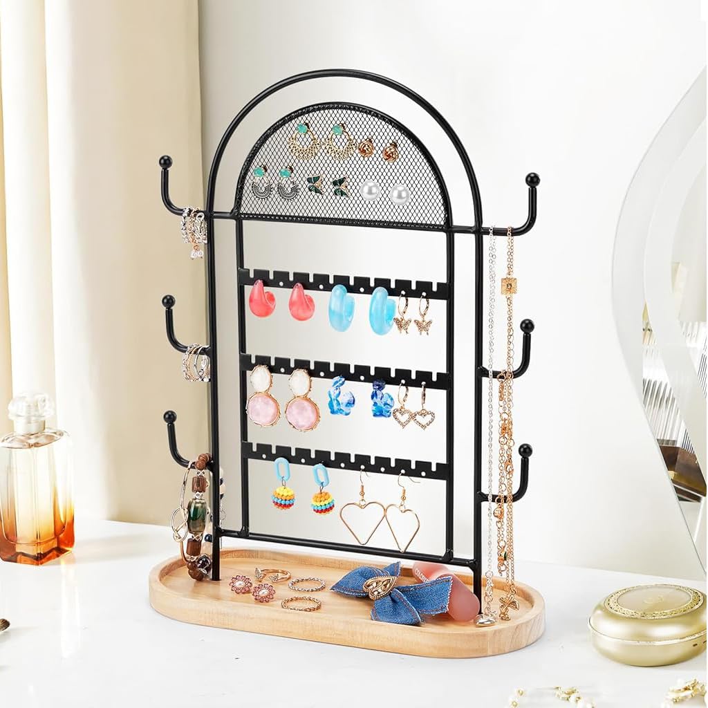 HASTHIP Jewelry Organizer for Desk Use with 3 Tiers 27 Holes 6 Hooks & Wooden Tray | Metal Display Stand for Earrings Necklaces Rings