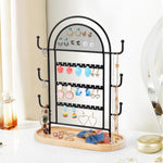 HASTHIP Jewelry Organizer for Desk Use with 3 Tiers 27 Holes 6 Hooks & Wooden Tray | Metal Display Stand for Earrings Necklaces Rings