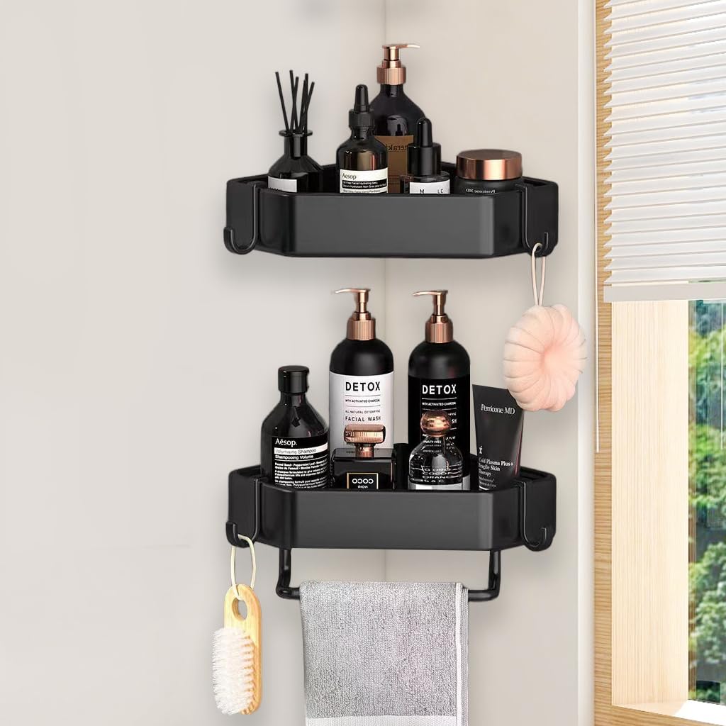 HASTHIP® Bathroom Organizer Rack Triangle Shower Caddy Double Layer Corner Organizer Shelf Rack with Hanging Hooks Stainless Steel Bathroom Rack Organizer for Toiletries,