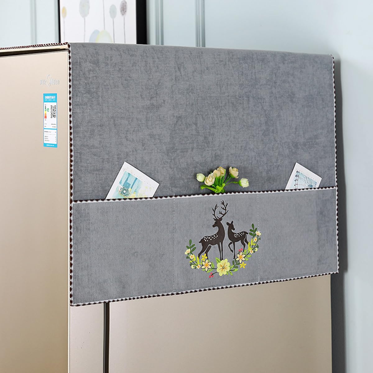 HASTHIP Fridge Dust Proof Cover for Double Door Use with Side Pockets 21.6 x 55 in Grey | Chenille Plush Design