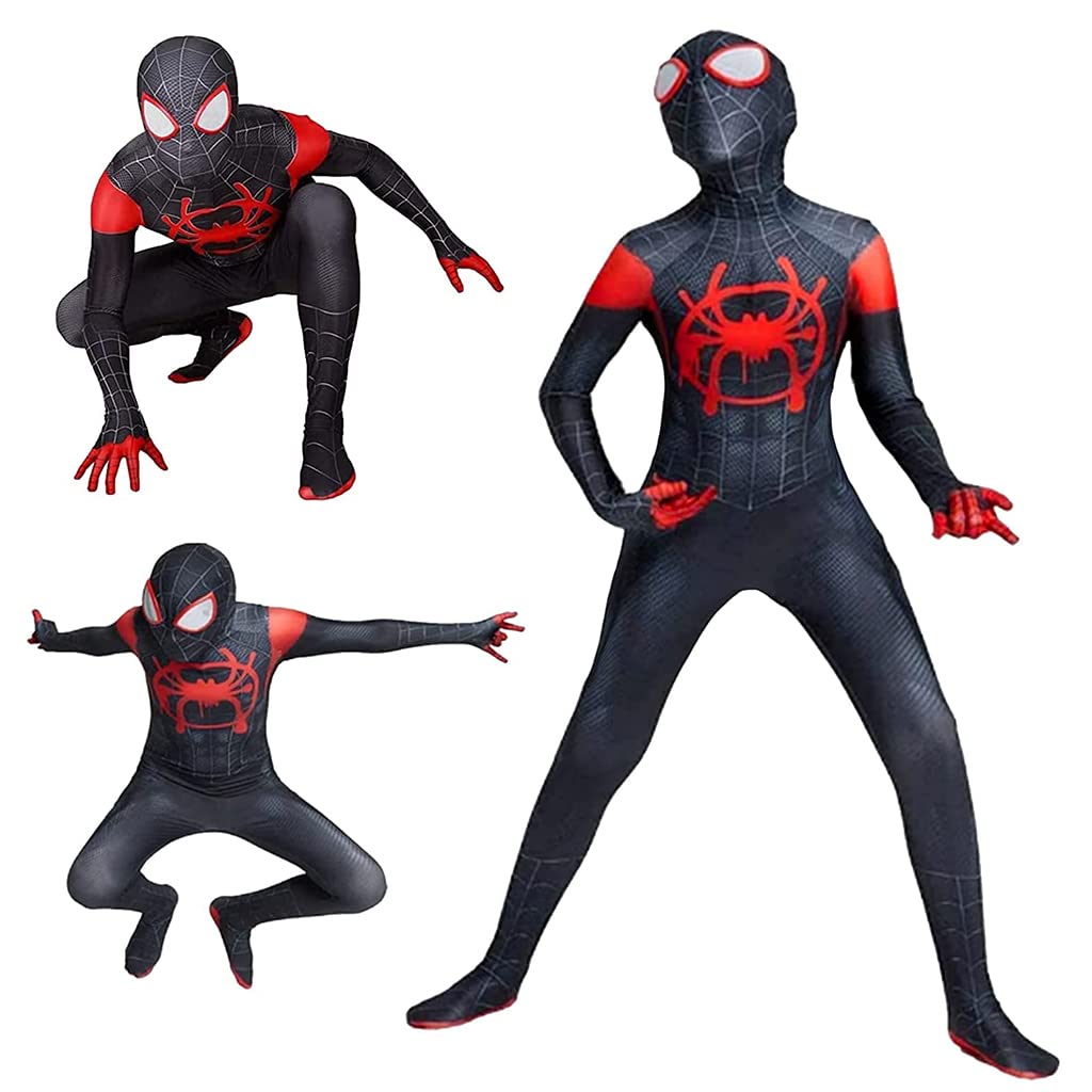 HASTHIP® Kids Spiderman Dress, Miles Morales Spider Man Costume for Kids, Superhero 3D Lenses Black Spider-Man Suit, Silk-Feel Fabric Fancy Jumpsuit & Mask for Boys Gift Halloween Cosplay XXL