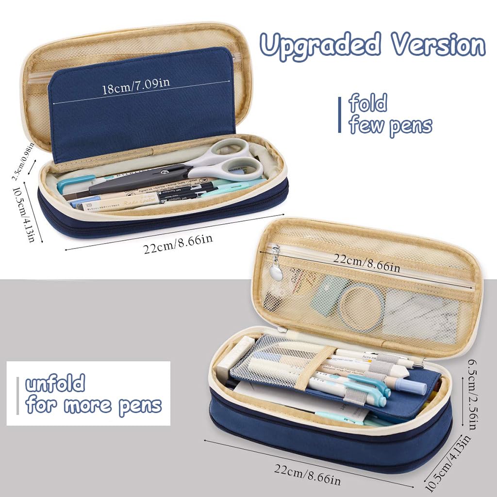 HASTHIP Pencil Pouch for Kids and Students with Double Zipper and Multi Compartments | 22x11cm Navy Blue 3 PCS
