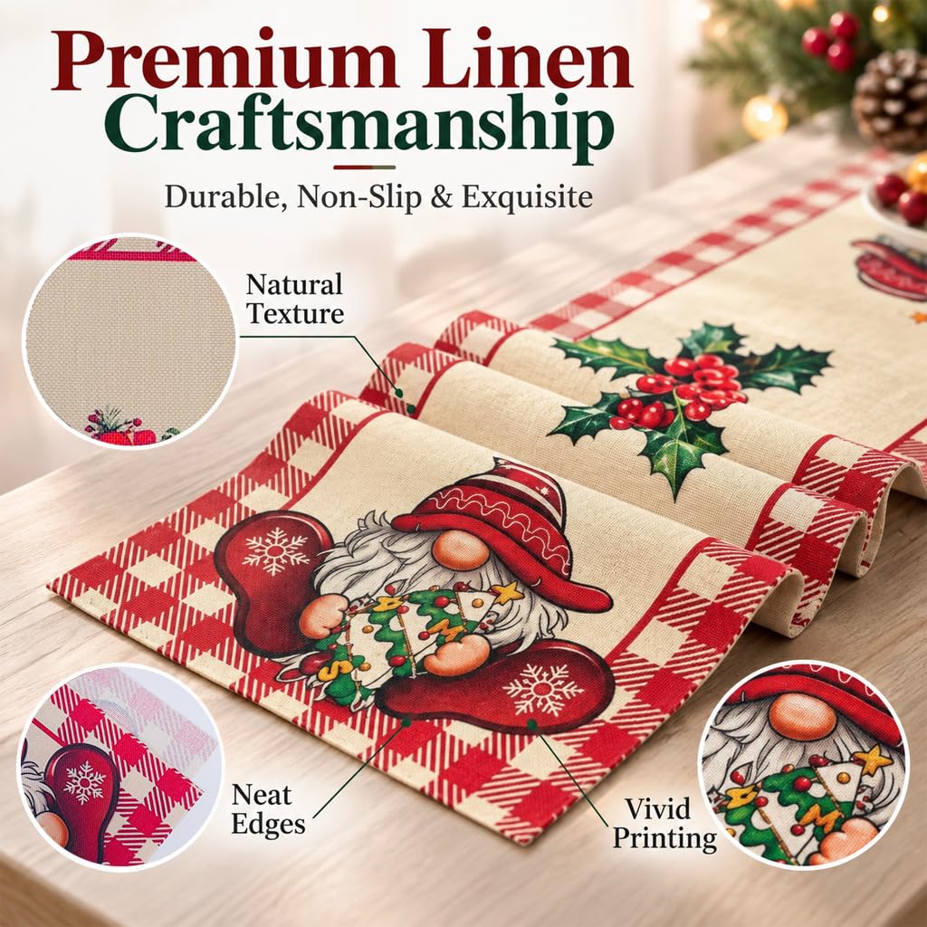 HASTHIP Plaid Snowflakes Christmas Table Runner in Linen Fabric for 4 to 6 Person Tables