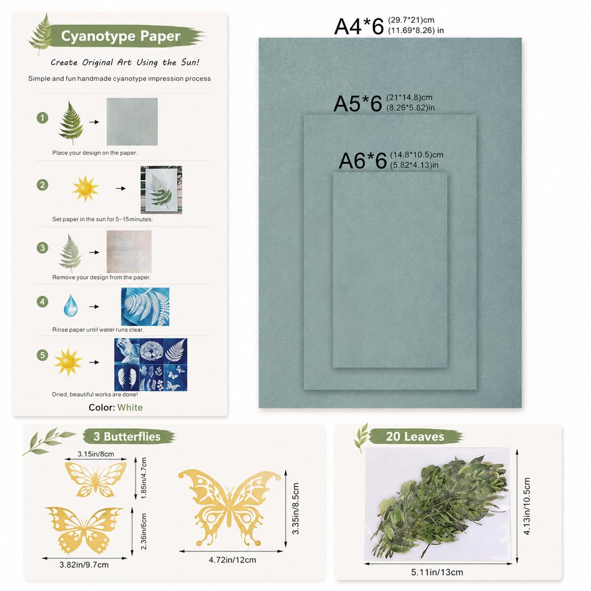 HASTHIP 16 Pieces Cyanotype Paper Kit with A4, A5 and A6 Sun-Print Sheets for DIY Projects