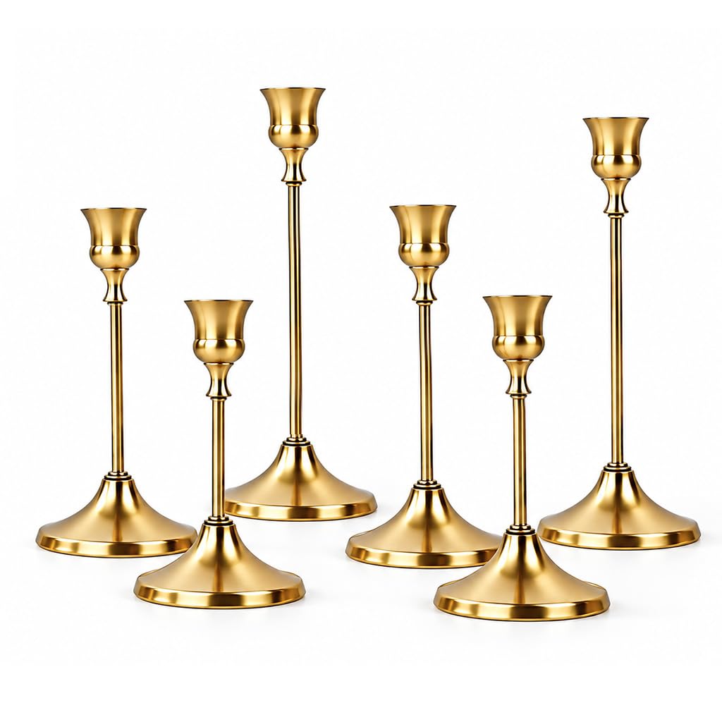 HASTHIP Gold Metal Taper Candle Holder Set, 6 Pieces in Three Heights with Velvet-Padded Bases