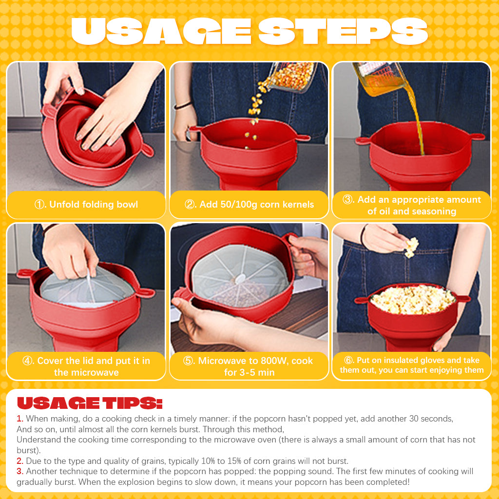 HASTHIP® Microwave Popcorn Maker with Lid 220 Degree Heat Resistant Silicone Microwave Popcorn Container Holder Dual Ear Design BPA-Free Food Grade Silicone Folding Popcorn