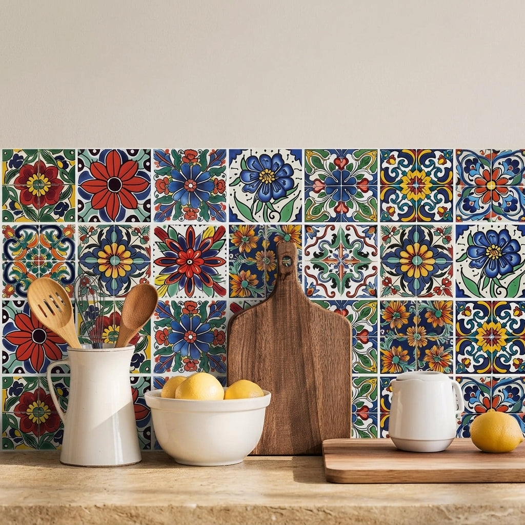 HASTHIP Peel and Stick Tile Decals, 30 Vinyl Stickers, 10 x 10 cm Mediterranean Floral Patterns