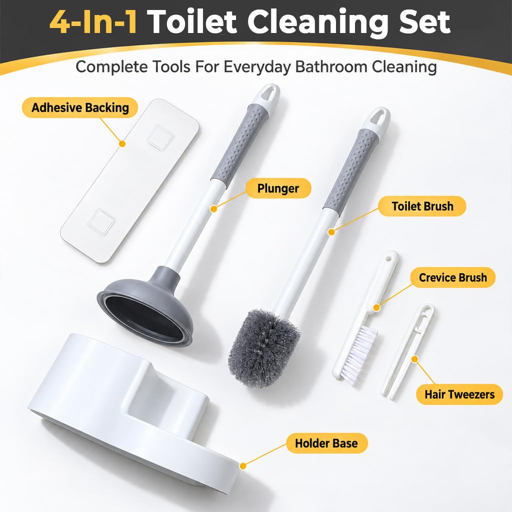 HASTHIP 4-in-1 Toilet Brush and Plunger Set with Crevice Brush, Hair Tongs and White Holder