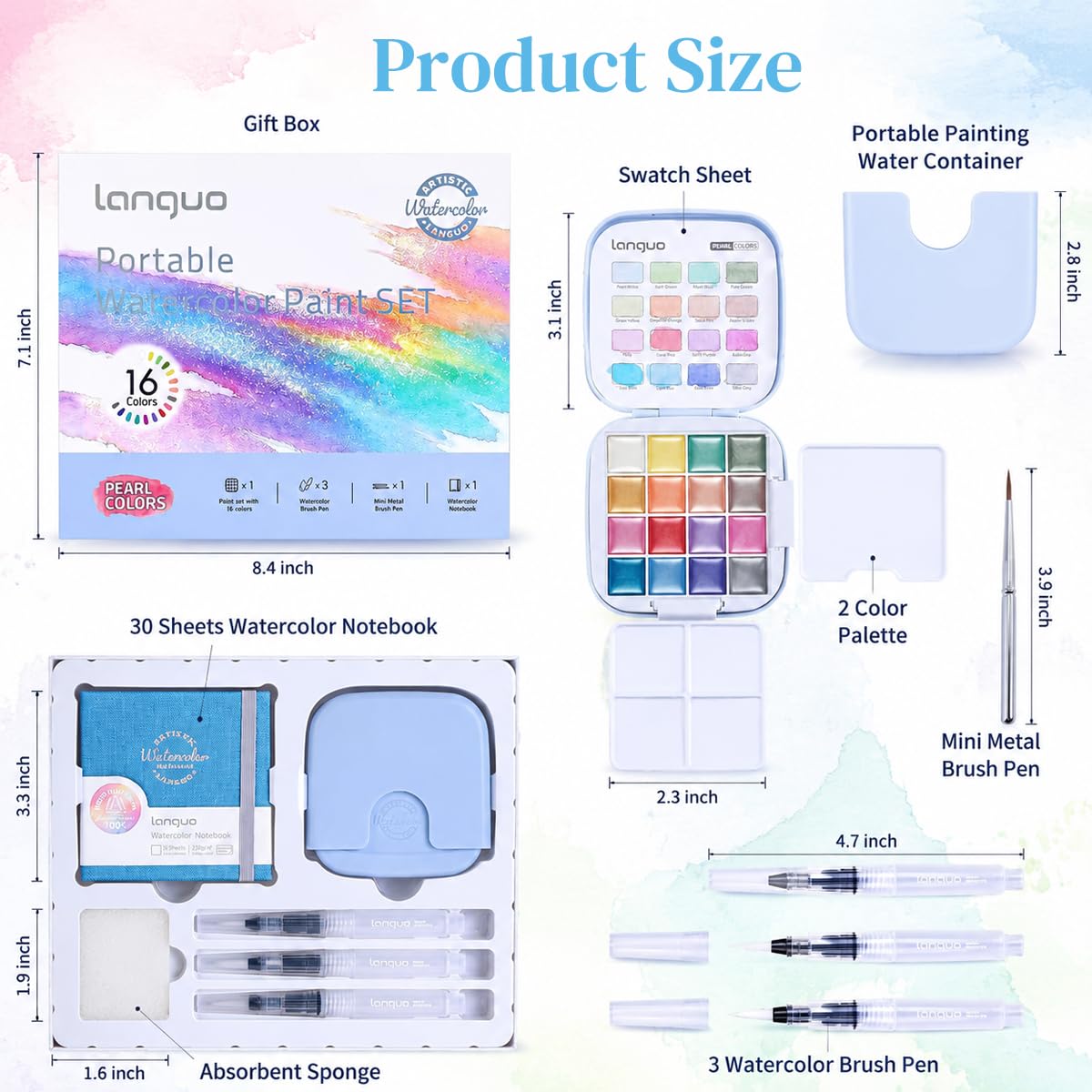 HASTHIP Mini Watercolor Paint Set, 16 Colors, Pocket Kit with 300GSM Cotton Paper and 4 Brushes