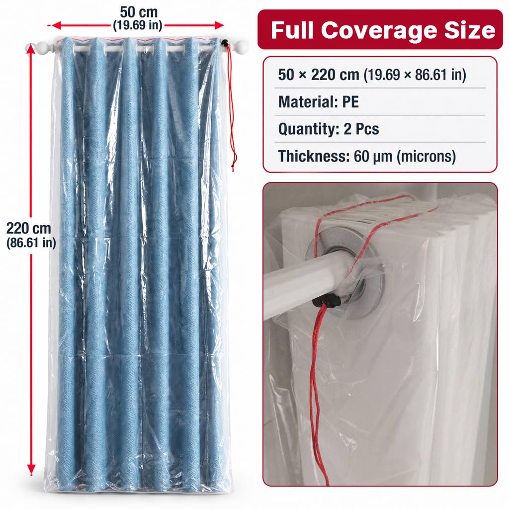 HASTHIP Curtain Dust Covers for Blackout Curtains, 60 Micron PE, Drawstring, 2-Pack, 50 × 220 cm