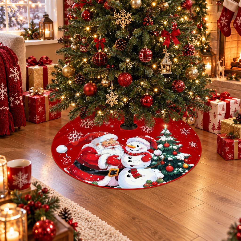 HASTHIP Christmas Tree Skirt, 35 Pulgadas (89 cm), Red Plush with Snowman and Snowflake Prints