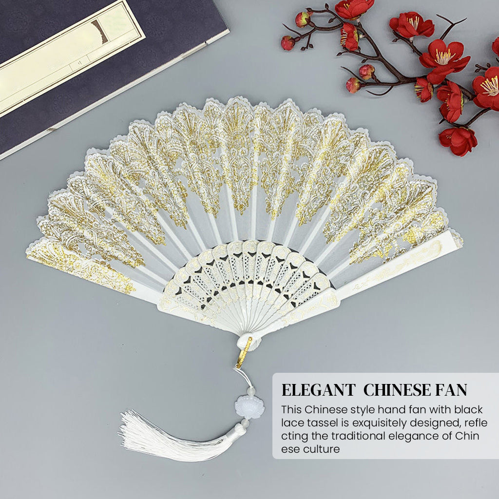 HASTHIP® Hand Fan Elegant White Fabric Hand Fan Traditional Chinese Fan with Tassel Charm Summer Fan Handheld Cooling Fan Travel Hand Fan Gift for Girls Women, 9 inches