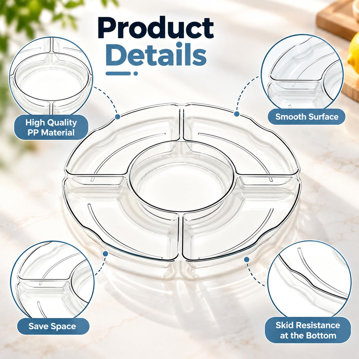 HASTHIP Clear Plastic Divided Serving Tray Set, 2 Pieces with Five Compartments and Drainage Holes