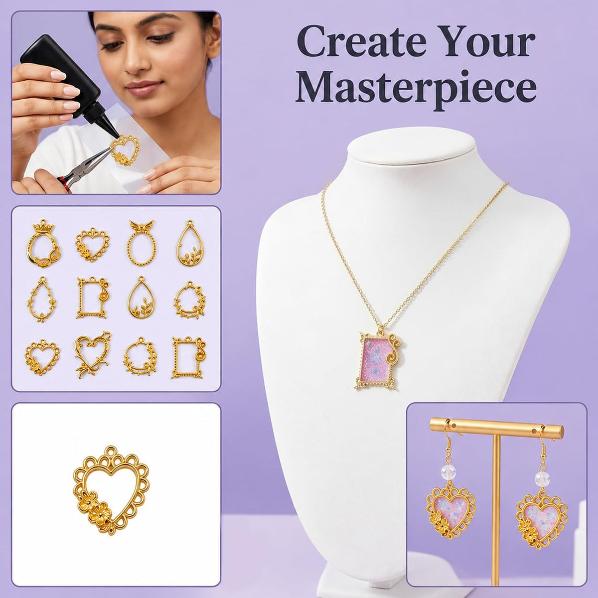 HASTHIP Gold-Plated Zinc Alloy Open-Back Bezel Pendants, 16 Pieces in 8 Styles for Resin Jewellery