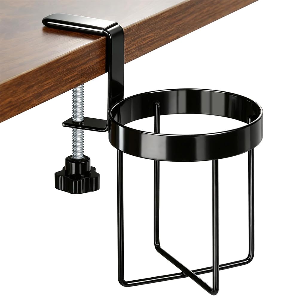 HASTHIP Adjustable Clamp-On Desk Cup Holder with Threaded Fit for Surfaces Up to 1.7 Inches Thick