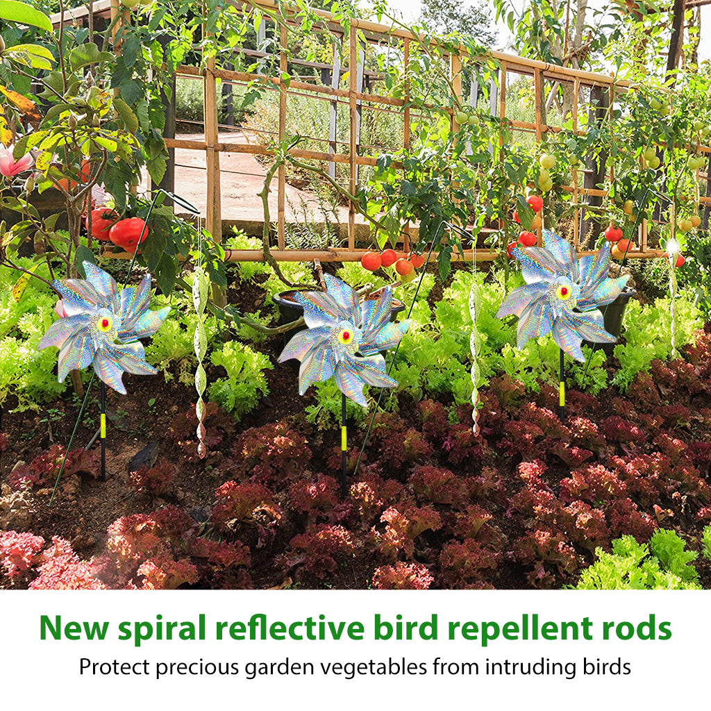 HASTHIP® 3Pcs Reflective Pinwheels & 5Pcs 11.8 inches Spiral Anti-bird Spiral Sticks Silver Holographic Pinwheels Decorative Shining Pinwheels for Lawn, Bush, Flowerbed, Tree, Orchard