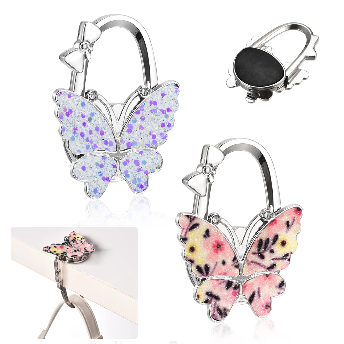 HASTHIP® 2Pcs Foldable Purse Hook, Women Bag Table Hanger Collection Purse Hanger for Table, Portable Table Bag Holder for Handbag, Backpack, Sling Bag ( Metal Multi-Purpose Hook with Storage Bag)