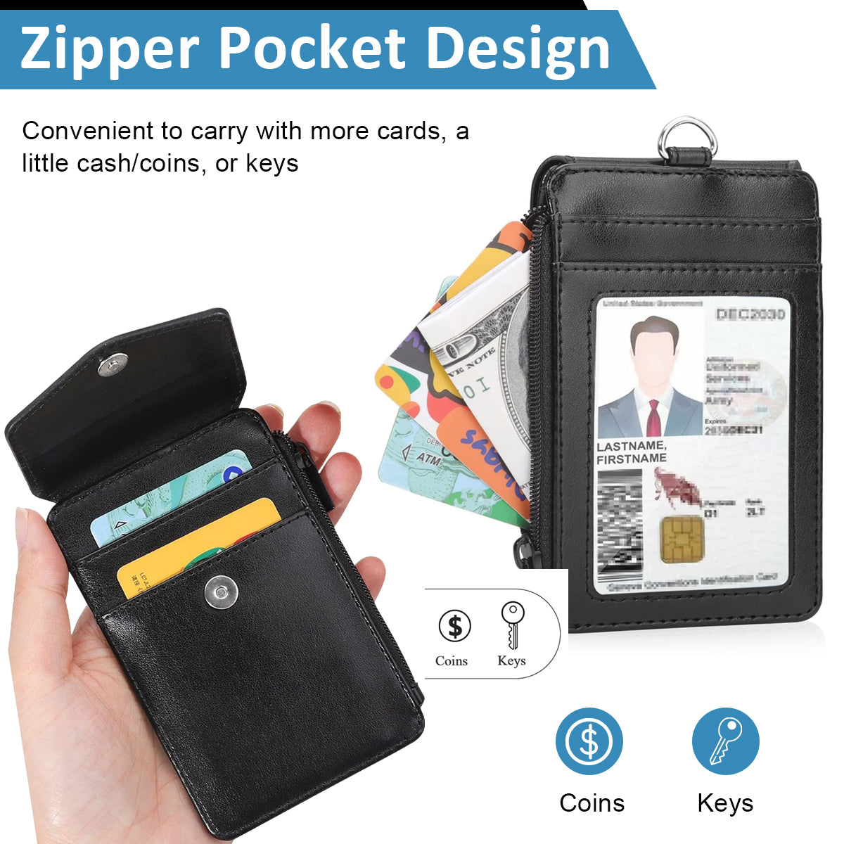 HASTHIP® PU Badge Holder Card Holder with Neck Strap Transparent Badge Holder Universal Staff Badge Holder Multi Purpose Badge Holder with Zipper Pouch & Card Slots