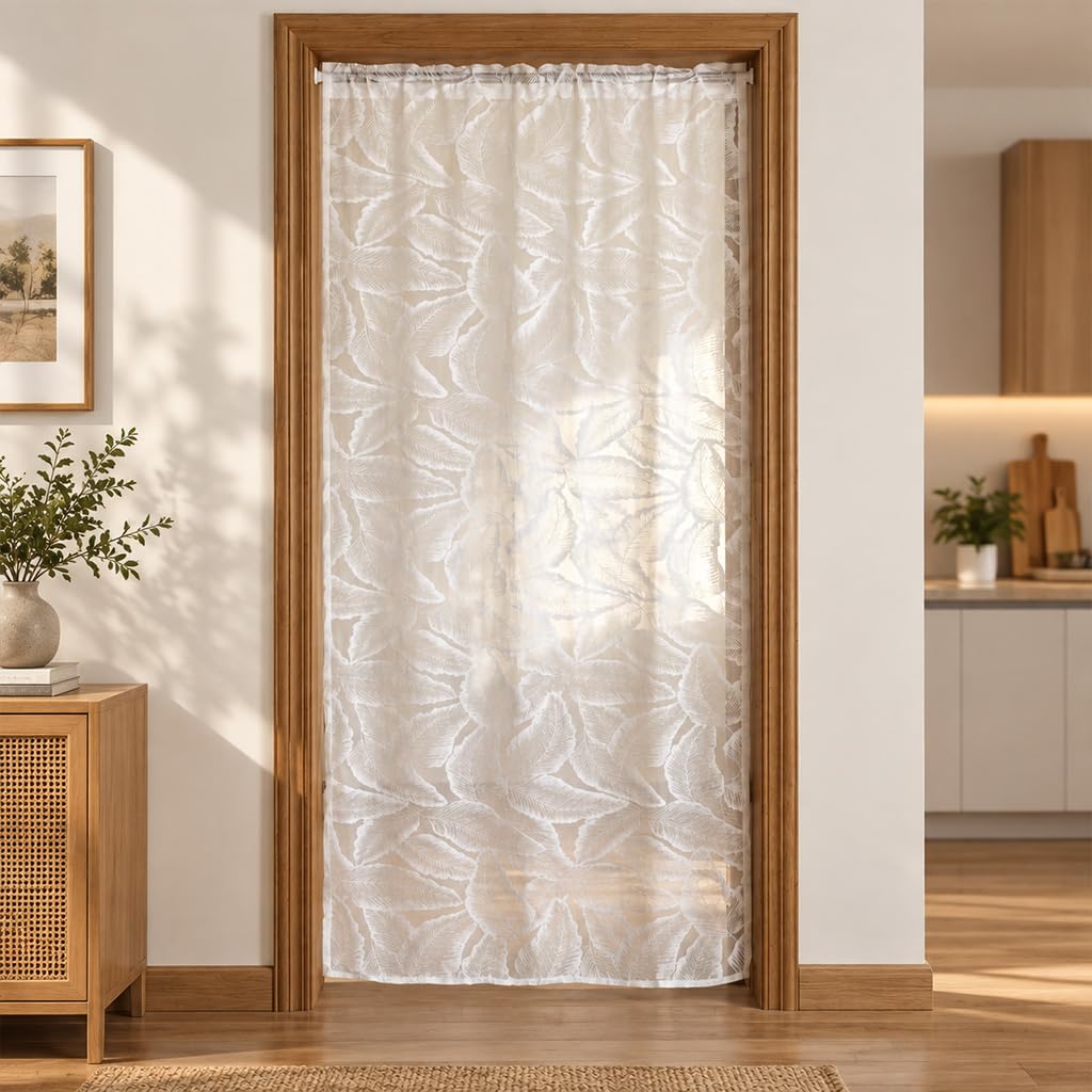 HASTHIP Self-Adhesive Lace Sheer Door Curtain, 100 by 240 cm, No-Drill Hook-and-Loop Mount