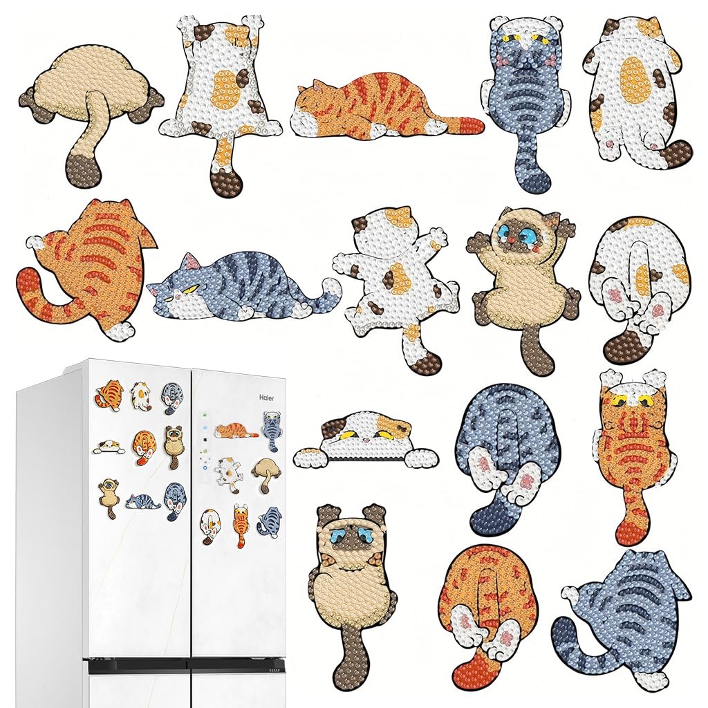 HASTHIP 16PCS Cartoon Kitty Diamond Art Fridge Magnet Kit with Rhinestones for Kids and Adults