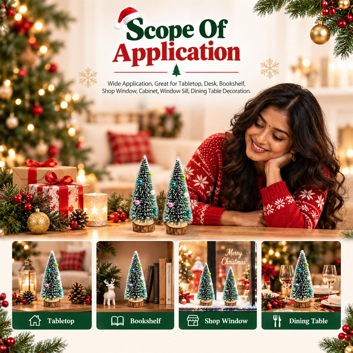 HASTHIP 2-Piece 15cm Mini Christmas Trees with Frosted Sisal, Bead Ornaments and Wood Bases