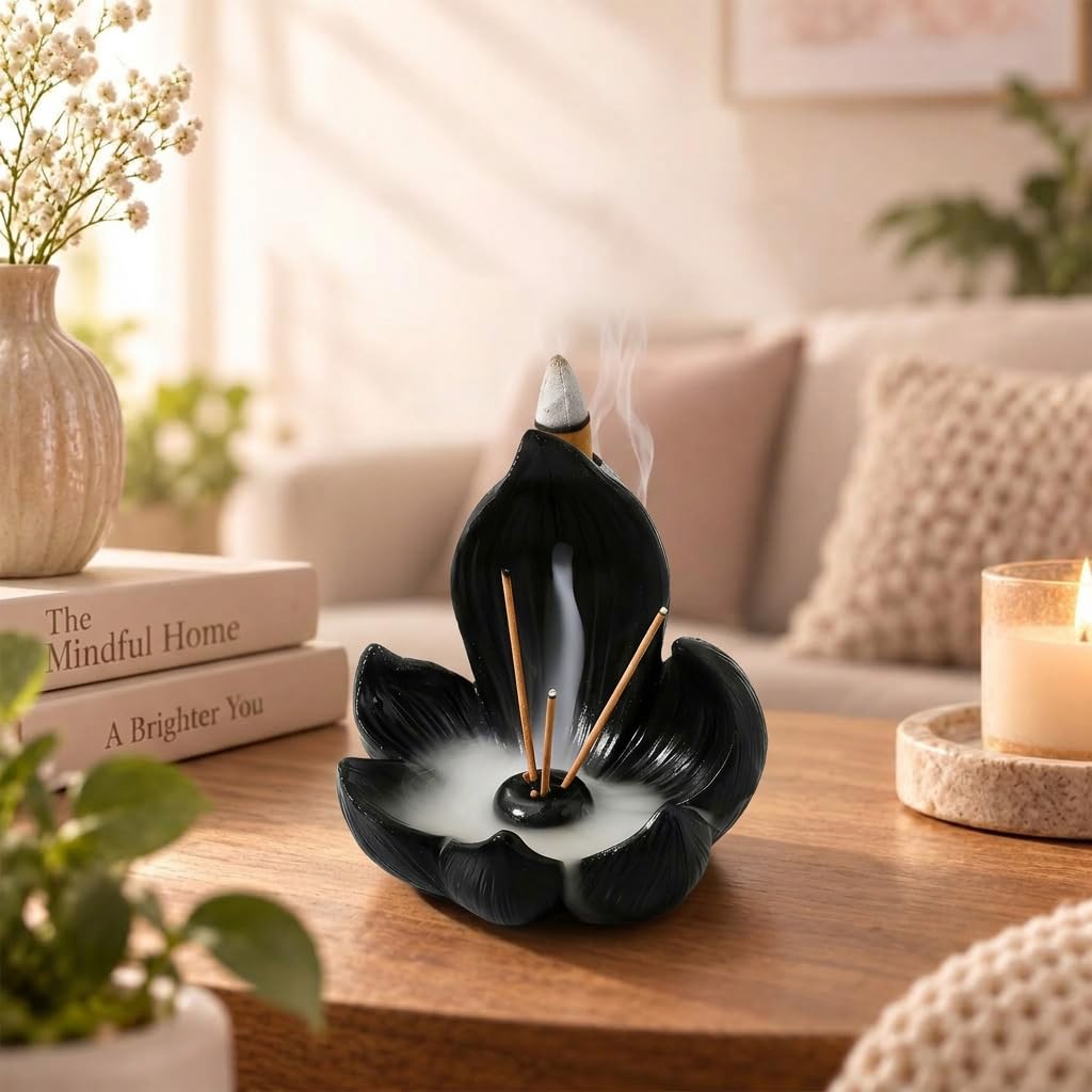 HASTHIP 10cm Lotus Incense Burner, Black Resin 4-Hole Stick Holder with Backflow Effect