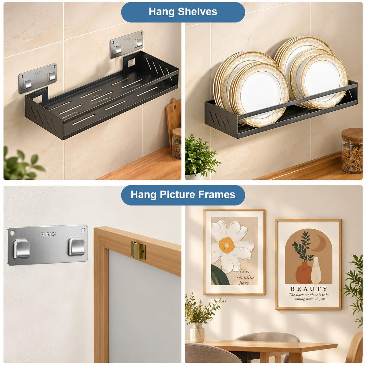 HASTHIP 304 Stainless Steel Adhesive Wall Hooks, 13cm No-Drill Design, 4-Pack, 25kg Each
