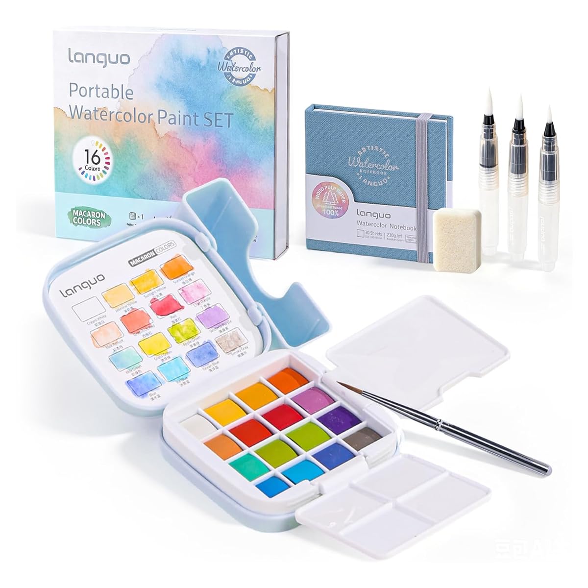 HASTHIP Mini Watercolor Paint Set, 16 Colors, Pocket Kit with 300GSM Cotton Paper and 4 Brushes