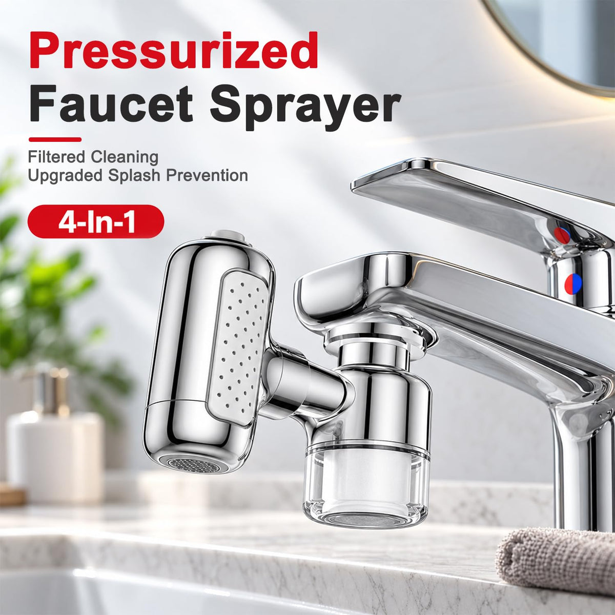 HASTHIP Four-Mode Faucet Water Filter with Chrome Silver Finish, Two Filters and 360° Rotation