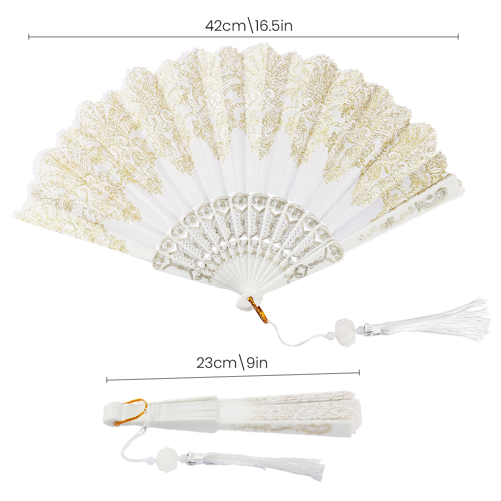 HASTHIP® Hand Fan Elegant White Fabric Hand Fan Traditional Chinese Fan with Tassel Charm Summer Fan Handheld Cooling Fan Travel Hand Fan Gift for Girls Women, 9 inches